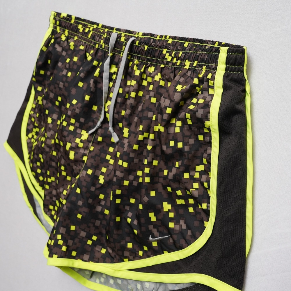 Nike Dri-Fit Running Shorts Women M Brown Yellow Digital Pixel Print Drawstring - Picture 4 of 11